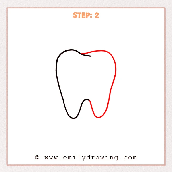 how to draw a cartoon tooth - Completed cartoon tooth outline with a rounded crown and two smooth root bumps at the bottom.